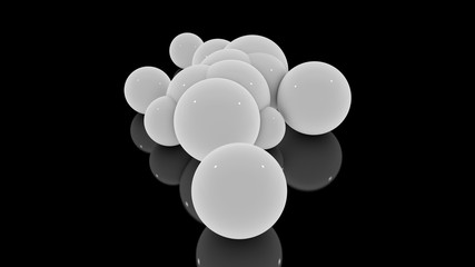 3D rendering of many scattered white balls on a black reflective surface. Futuristic image of abstract geometric shapes.