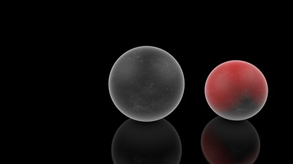 3D illustration of balls of gray on a black background. The spheres are randomly scattered on a black, reflective surface and glow. 3D rendering of futuristic, ideas, objects with perfect surface.