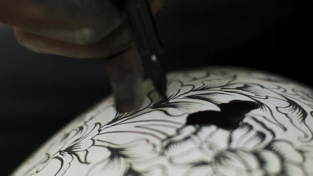 Extreme Closeup Of A Artist Painting By Hand Traditional Multan Pottery.