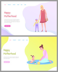 Parent holding child, family in casual clothes going together, mom and daughter playing with toys on mat, crawling child, caring motherhood vector. Website or webpage template, landing page flat style