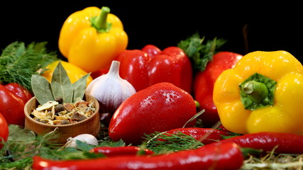 Composition with pepper, garlic, green dill, spices