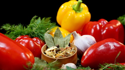 Spices and fresh pepper. Red and yellow pepper