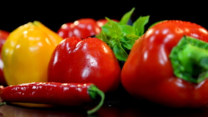 The combination of red, yellow, green. Sweet and hot pepper