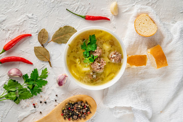 healthy soup eating for dinner meal on a white concrete background with ingredient