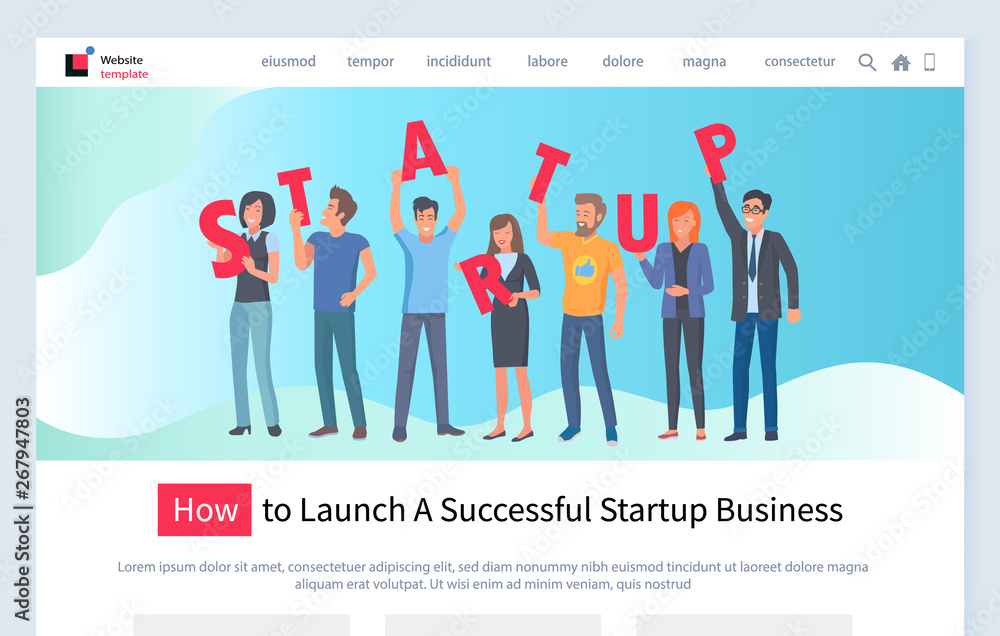 Aufkleber how to launch successful business vector, people with letters making up startup word. coworkers work