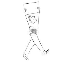 Personnage masculin dessiné tenant une pancarte