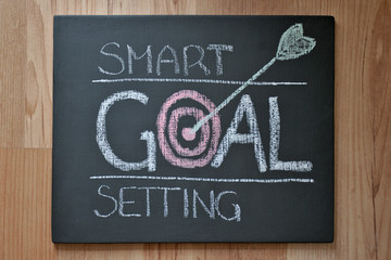Smart goal setting. Planning note written by chalk on black board