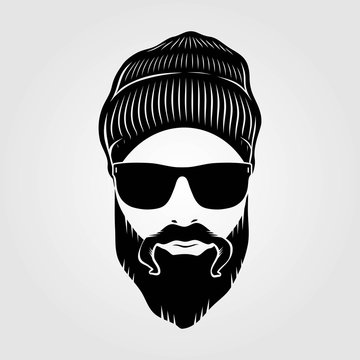Bearded men in knit hat, hipster face. Fashion silhouette, emblem, icon, label. Vector illustration.