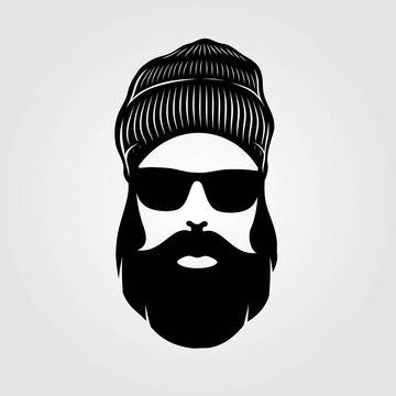 Bearded men in knit hat, hipster face. Fashion silhouette, emblem, icon, label. Vector illustration.