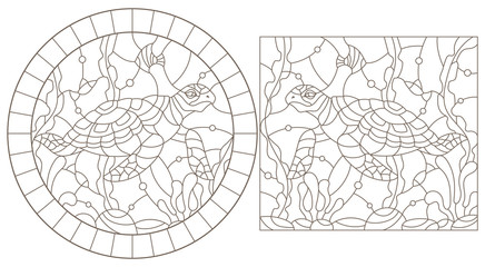 Set of contour illustrations of stained glass Windows with turtles on the background of the seabed, dark contours on a white background