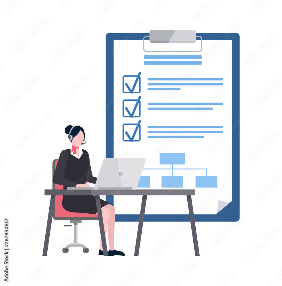 Poster woman sitting at table working with laptop, business goals list with check marks vector, employee us