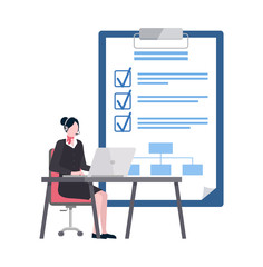 Woman sitting at table working with laptop, business goals list with check marks vector, employee using computer, notepad and ticks, workplace vector