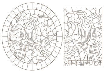 Set of contour illustrations of stained glass Windows with herons on a branch, dark contours on a white background