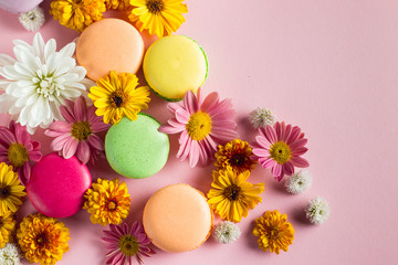 Still life and food photo of cake macarons in a gift box with flowers, a cup of tea on light background. Sweets and desserts concept of macaroons.