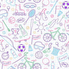 Seamless pattern on the theme of summer sports, simple icons colored markers on the clean writing-book sheet in a cage