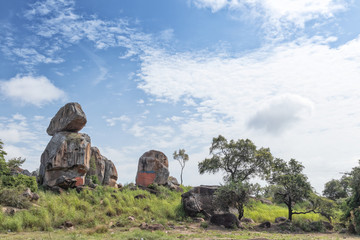 Solitary stones inserted in the African vegetation on the way to northern Angola. Soyo. Africa.