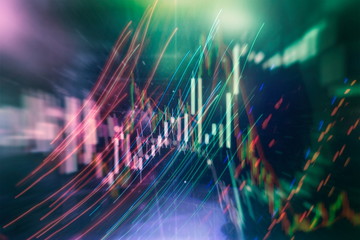 Technical price graph and indicator, red and green candlestick chart on blue theme screen, market...