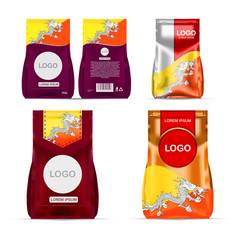 Foil food snack sachet bag packaging for coffee, salt, sugar, pepper, spices, sachet, sweets, chips, cookies colored in national flag of Bhutan. Made in Bhutan