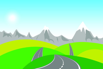 Summer traveling concept. Way through country fields. Landscape with road to village. Nature, mountains, hills and sunlight. Template adventure and wanderlust.