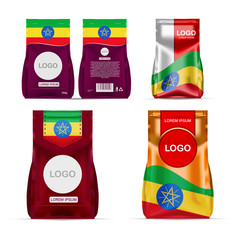 Foil food snack sachet bag packaging for coffee, salt, sugar, pepper, spices, sachet, sweets, chips, cookies colored in national flag of Ethiopia. Made in Ethiopia