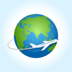 Airplane fly around the planet Earth. Vector logo icon