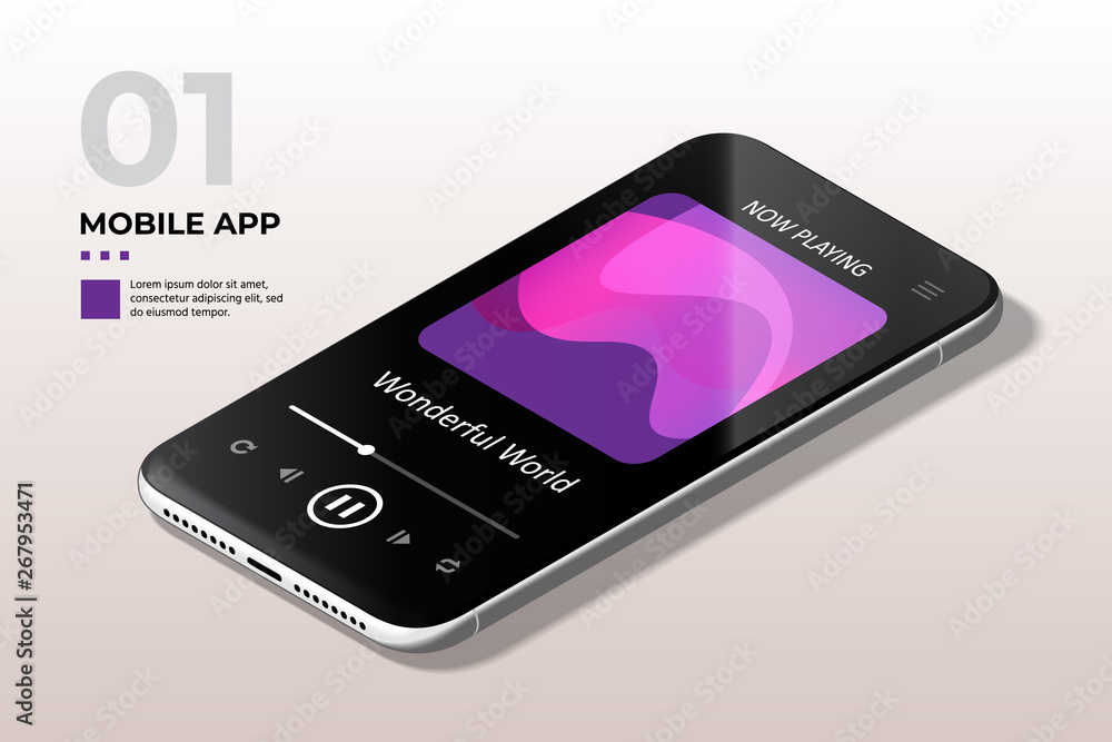 Poster modern mobile cell phone with music media player ui, ux and gui template of audio player app. templa