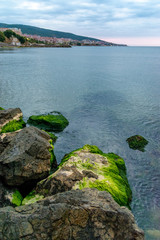 Fototapeta na wymiar Rocks at a beach in Sunny Beach on the Black Sea coast of Bulgaria