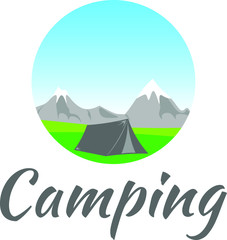Summer camping concept. Outdoor recreation template. Logo adventure landscape and wanderlust. Nature, tent, mountains, hills and sunrise. Inspirational lettering.