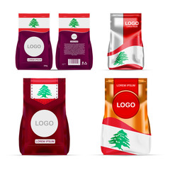 Foil food snack sachet bag packaging for coffee, salt, sugar, pepper, spices, sachet, sweets, chips, cookies colored in national flag of Lebanon. Made in Lebanon