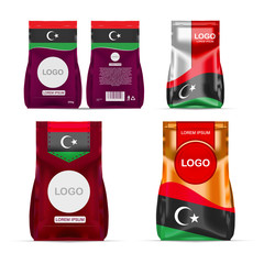 Foil food snack sachet bag packaging for coffee, salt, sugar, pepper, spices, sachet, sweets, chips, cookies colored in national flag of Libya. Made in Libya