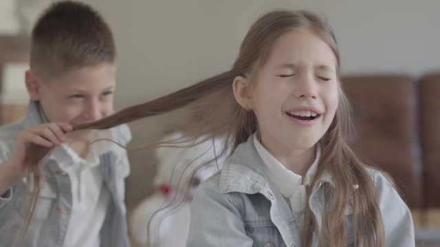 Portrait cute twin brother naughty boy playing pulling the hair of his cute sister and smiling in cozy living room