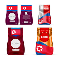 Foil food snack sachet bag packaging for coffee, salt, sugar, pepper, spices, sachet, sweets, chips, cookies colored in national flag of North Korea. Made in North Korea