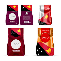 Foil food snack sachet bag packaging for coffee, salt, sugar, pepper, spices, sachet, sweets, chips, cookies colored in national flag of Papua New Guinea. Made in Papua New Guinea