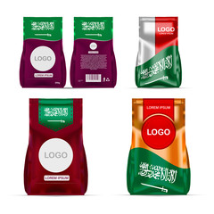 Foil food snack sachet bag packaging for coffee, salt, sugar, pepper, spices, sachet, sweets, chips, cookies colored in national flag of Saudi Arabia. Made in Saudi Arabia
