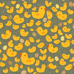 Seamless cute chickens pattern with eggs, illustration - Vector flat style 