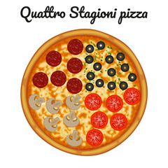 Quattro stagioni pizza with pepperoni, olives, mushrooms, tomato. Object for packaging, advertisements, menu. Isolated on white. Vector illustration. Cartoon.