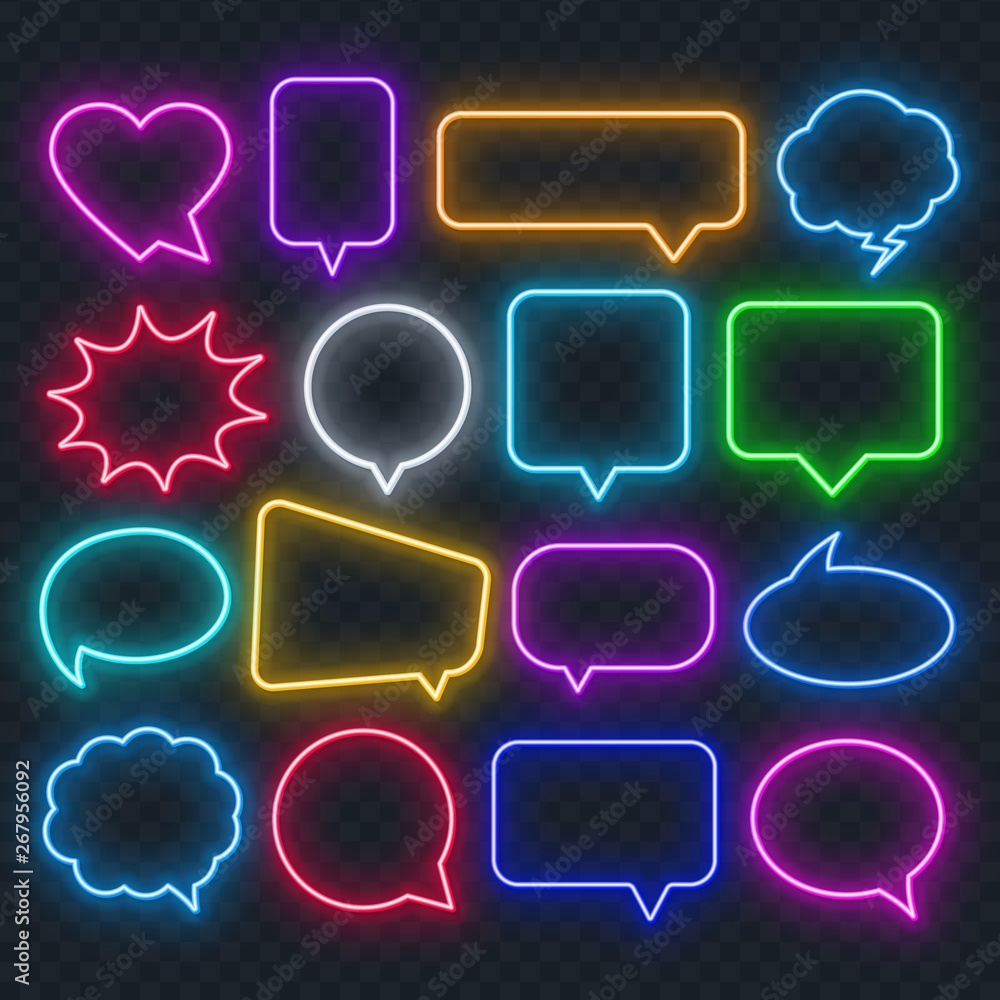 Poster neon speech bubble on a transparent background. bright light frames for quotes and text. vector.