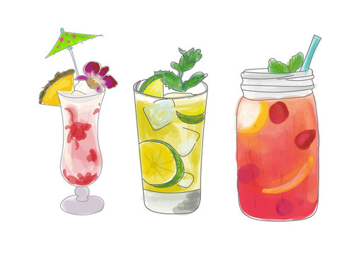 Set of alocohol coctails summer time on white background
