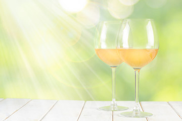 Orange wine in glasses. Food trend. Rustic background