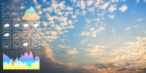 Weather forecast symbol data presentation with graph and char of dramatic atmosphere panorama view of beautiful sunset sky and clouds in summer.