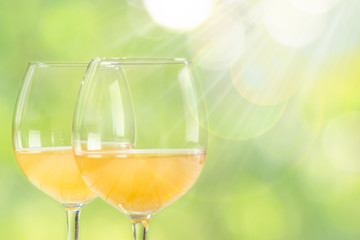 Orange wine in glasses. Food trend. Rustic background