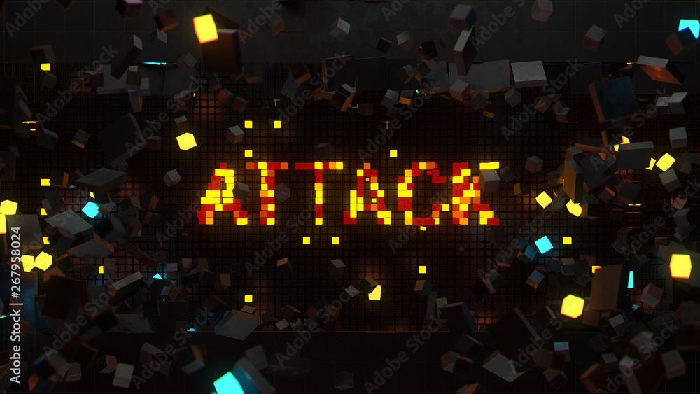 Poster 3d render of wall that breaks and show word connected with technology theme. Digital background...