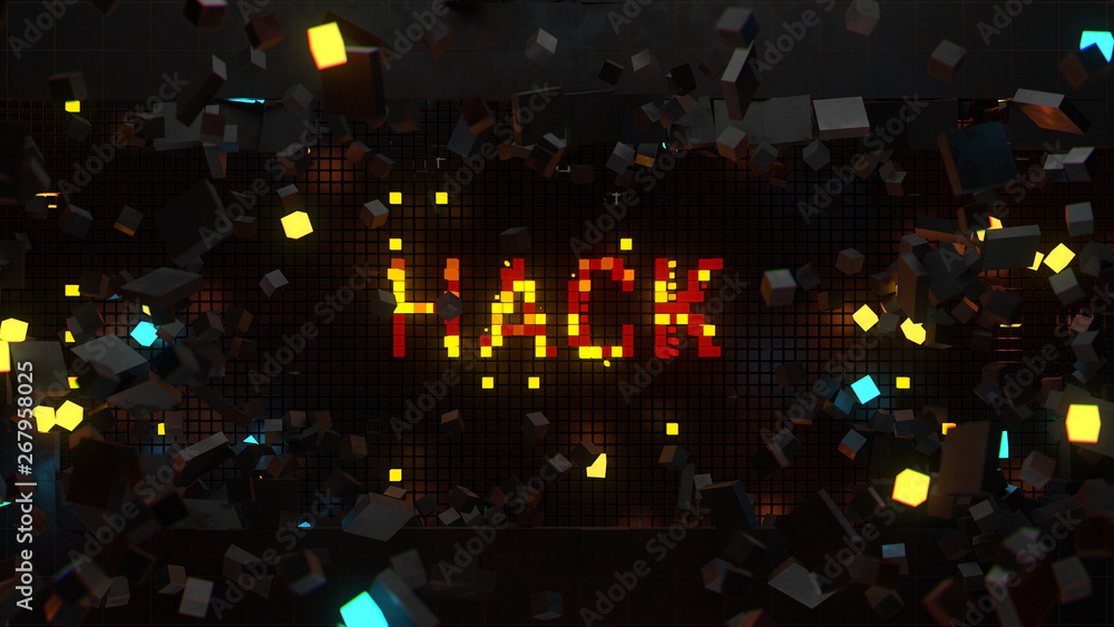 Poster 3d render of wall that breaks and show word connected with technology theme. Digital background...