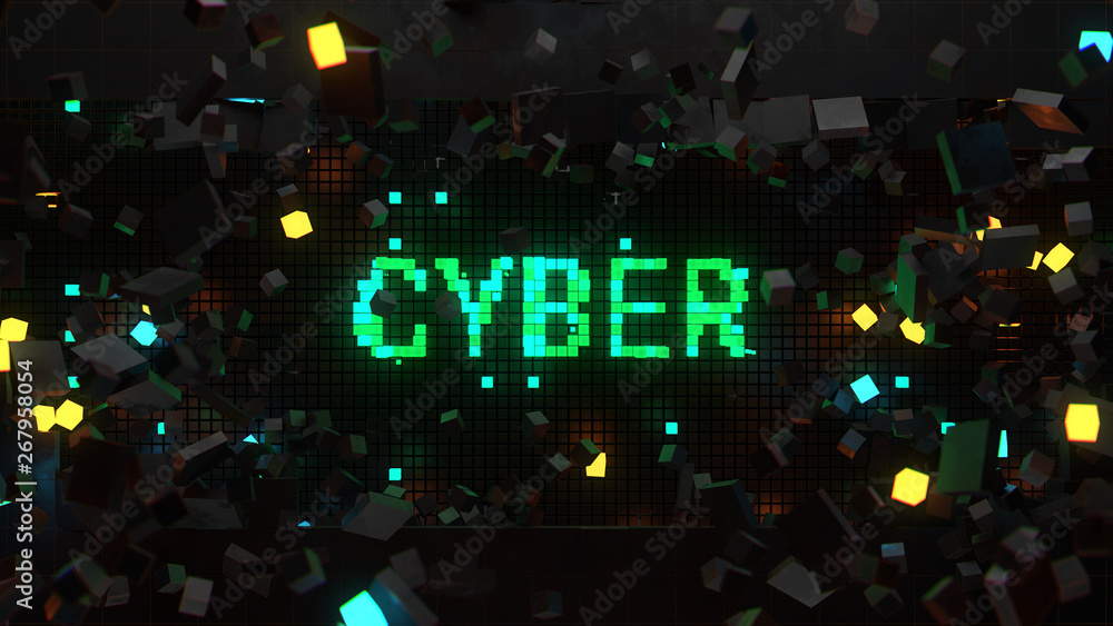 Poster 3d render of wall that breaks and show word connected with technology theme. Digital background...