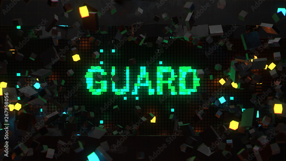 Poster 3d render of wall that breaks and show word connected with technology theme. Digital background...