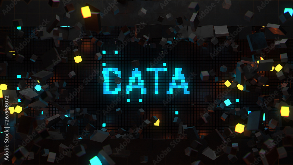 Poster 3d render of wall that breaks and show word connected with technology theme. Digital background...