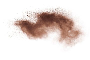 Fototapeta na wymiar Abstract brown powder explosion on white background.
