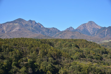 Mountains with red leaves and blue sky