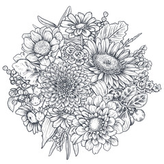 Floral composition. Bouquet with hand drawn flowers and plants.