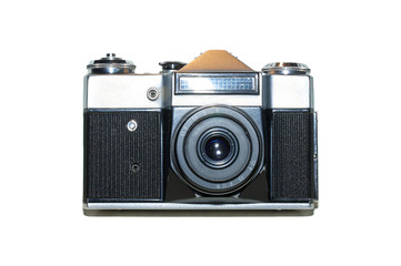 retro slr film photo camera, front view on white background. analog vintage film camera